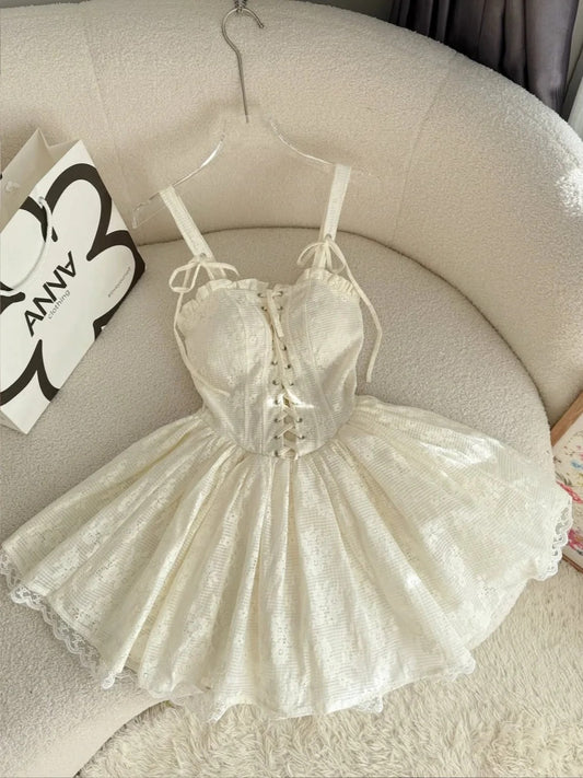 Einfaches, cremefarbenes A-Linien-Abendkleid mit Spaghettiträgern und Spitze, kurzes Ballkleid, Homecoming-Kleid, ED02508
