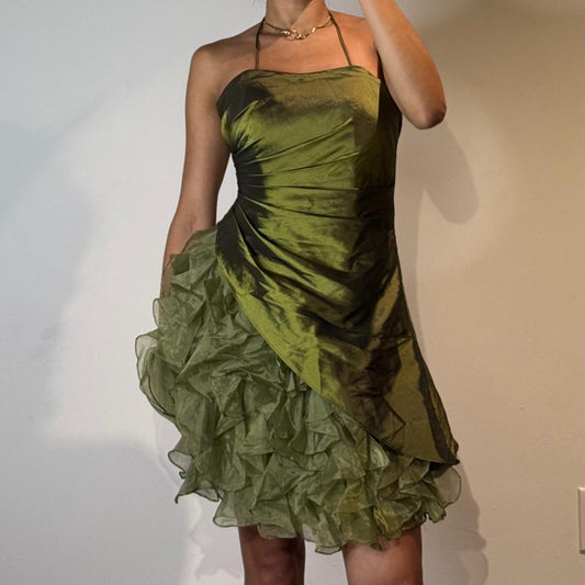 Fashionable Dark Green Spaghetti Strap A-Line Satin Tulle Short Prom Dresses Homecoming Dresses ED02509