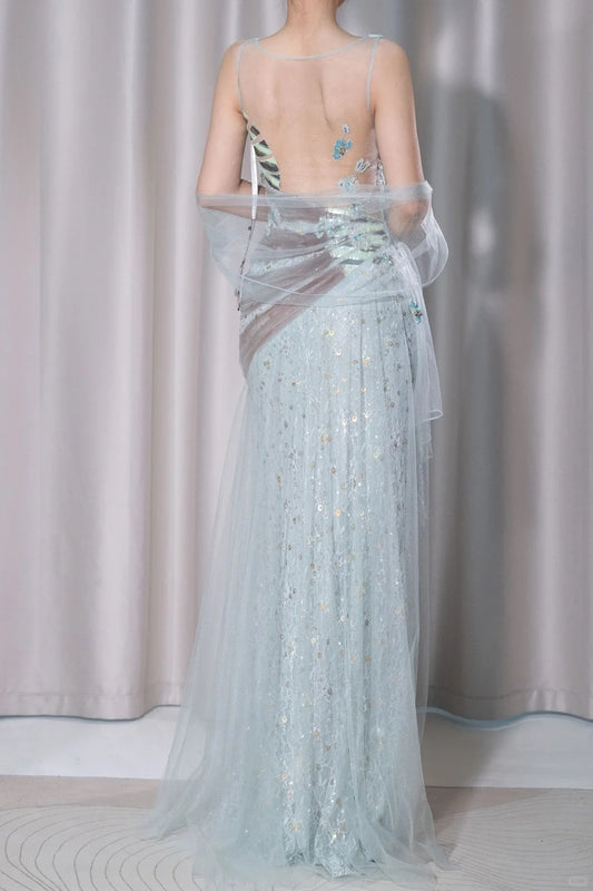 Stunning Light Green V-Neck Tulle A-Line Lace Sequins Prom Dresses Formal Backless Evening Gowns ED02515