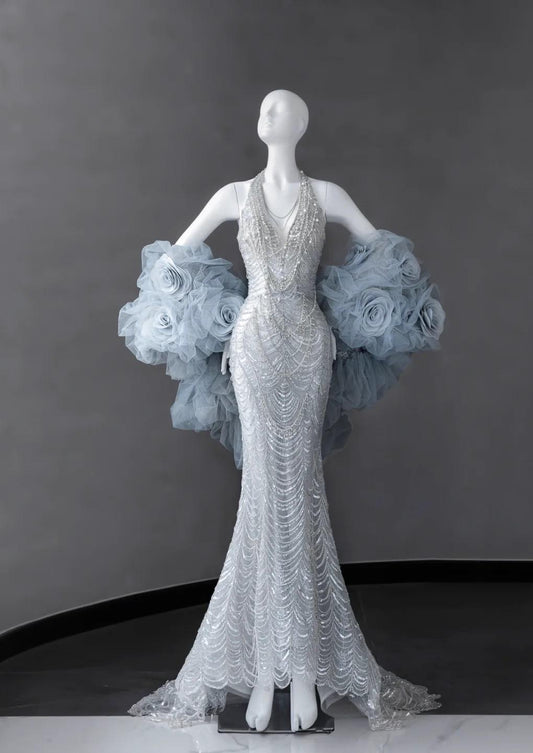 Gorgeous Silver V-neck Mermaid Beaded Sequin Long Prom Dresses Train Wedding Dress ED02524