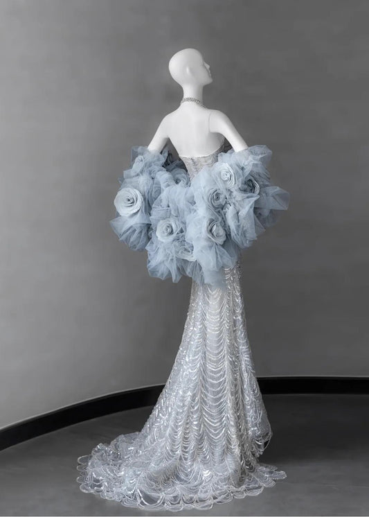 Gorgeous Silver V-neck Mermaid Beaded Sequin Long Prom Dresses Train Wedding Dress ED02524