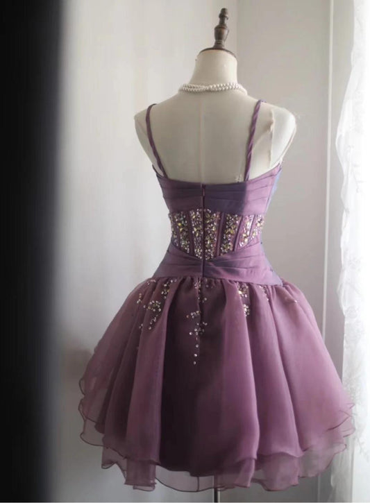 Sweet Spaghetti Straps Purple A-Line Tulle Short Prom Dresses Homecoming Dresses with Rhinestones ED02527