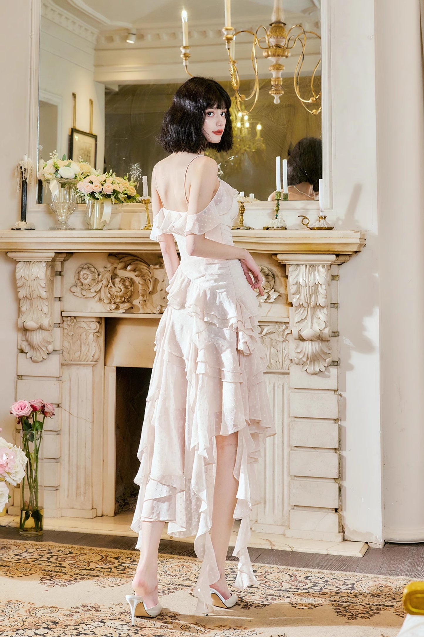 Glamouröses A-Linien-Partykleid aus Chiffon mit Spaghettiträgern und Rüschen in Hellapricot ED02529