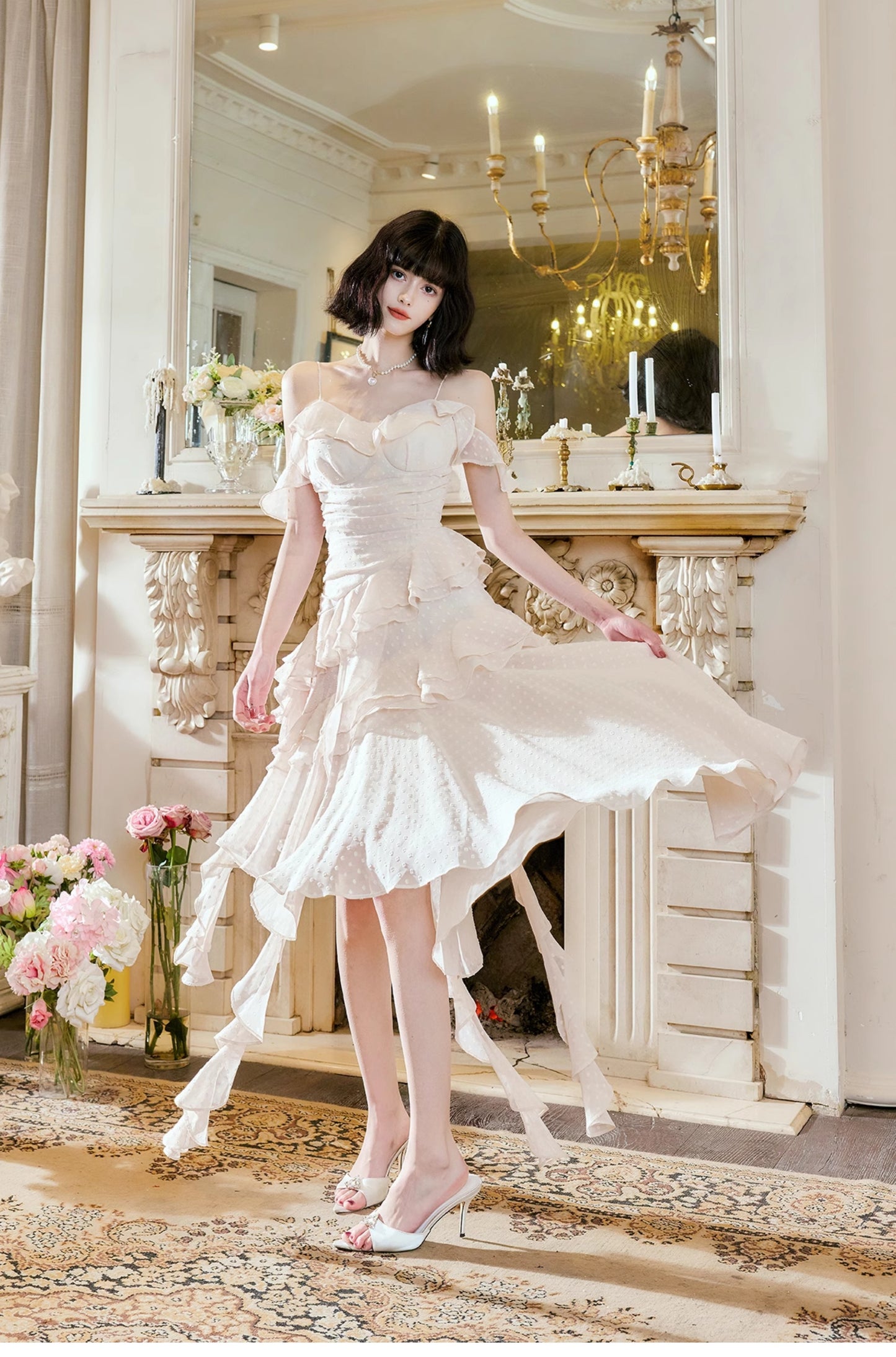 Glamouröses A-Linien-Partykleid aus Chiffon mit Spaghettiträgern und Rüschen in Hellapricot ED02529