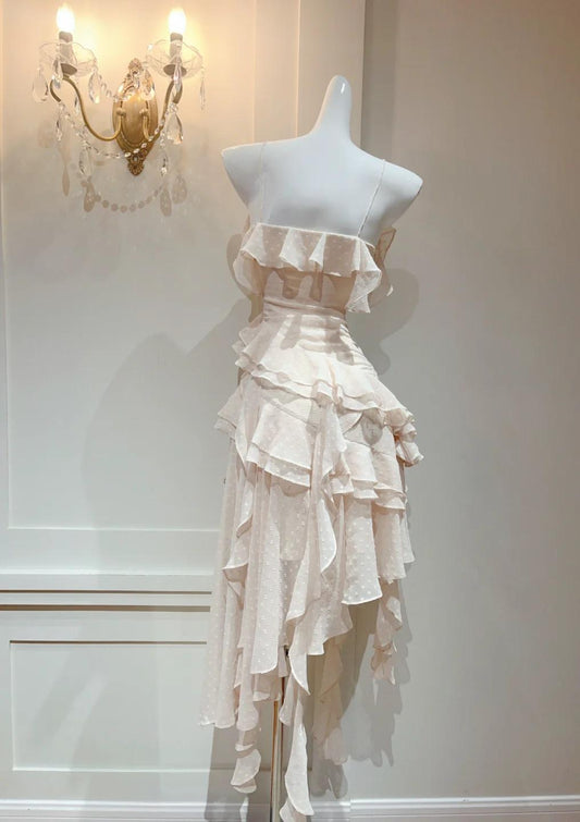 Glam Light Apricot Spaghetti Straps Chiffon Polka Dots Ruffles A-line Party Dress ED02529