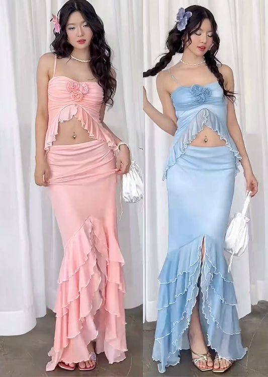 Fashion Pink Spaghetti Strap Mermaid Chiffon Party Dress with Ruffles ED02531