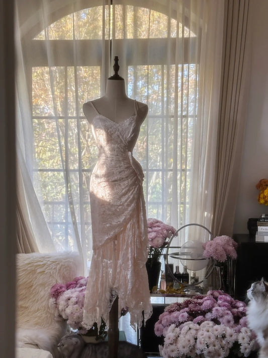 Sweet Tender Pink Spaghetti Straps Mermaid Lace Chiffon Prom Dresses Birthday Party Dresses ED02534