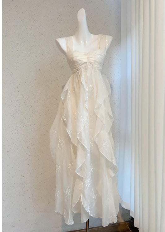 Fairytale White Square Neck A-Line Printed Chiffon Prom Dresses Sweet Birthday Party Dress ED02537