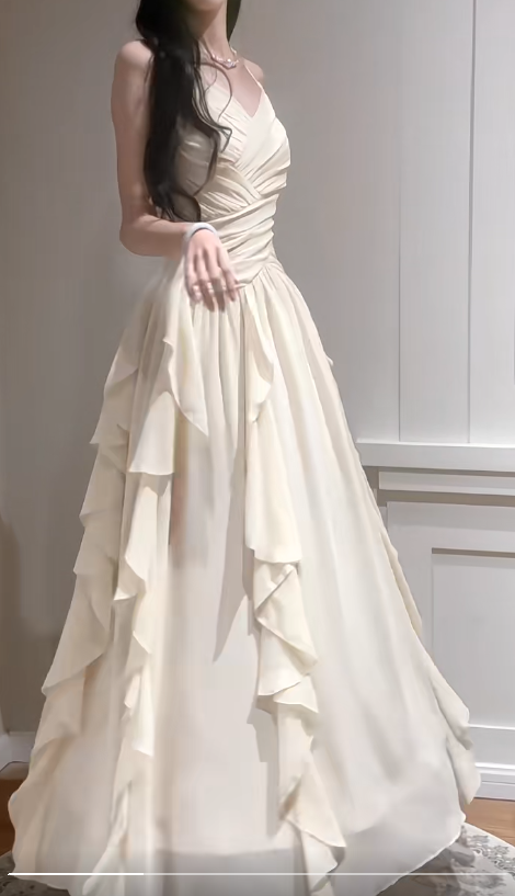 Elegant Apricot Spaghetti Straps A-Line Chiffon Long Prom Dresses Birthday Evening Gowns ED02538