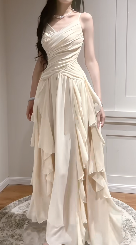 Elegant Apricot Spaghetti Straps A-Line Chiffon Long Prom Dresses Birthday Evening Gowns ED02538
