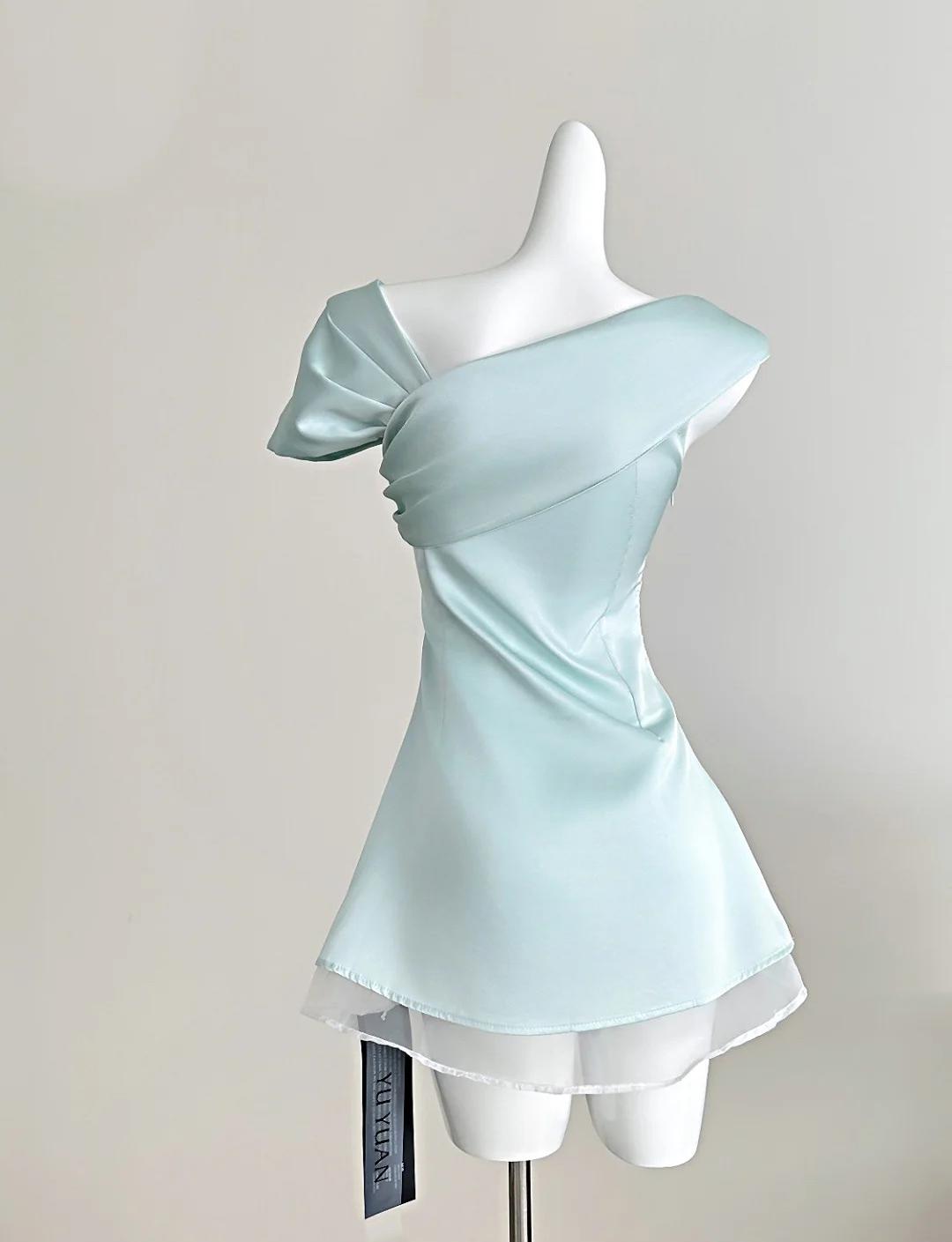 Süßes Tiffany Blaues Chiffon-A-Linien-Partykleid mit asymmetrischem Ausschnitt ED02541