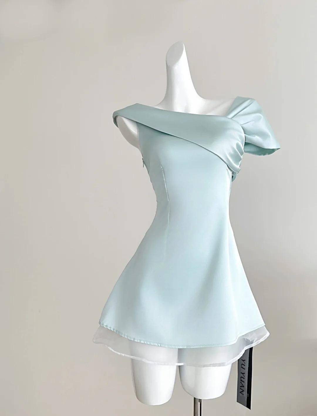 Süßes Tiffany Blaues Chiffon-A-Linien-Partykleid mit asymmetrischem Ausschnitt ED02541
