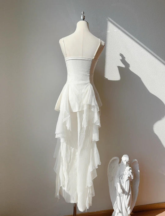 Sweet White Spaghetti Straps Chiffon A-Line Prom Dresses Birthday Evening Gowns  ED02545
