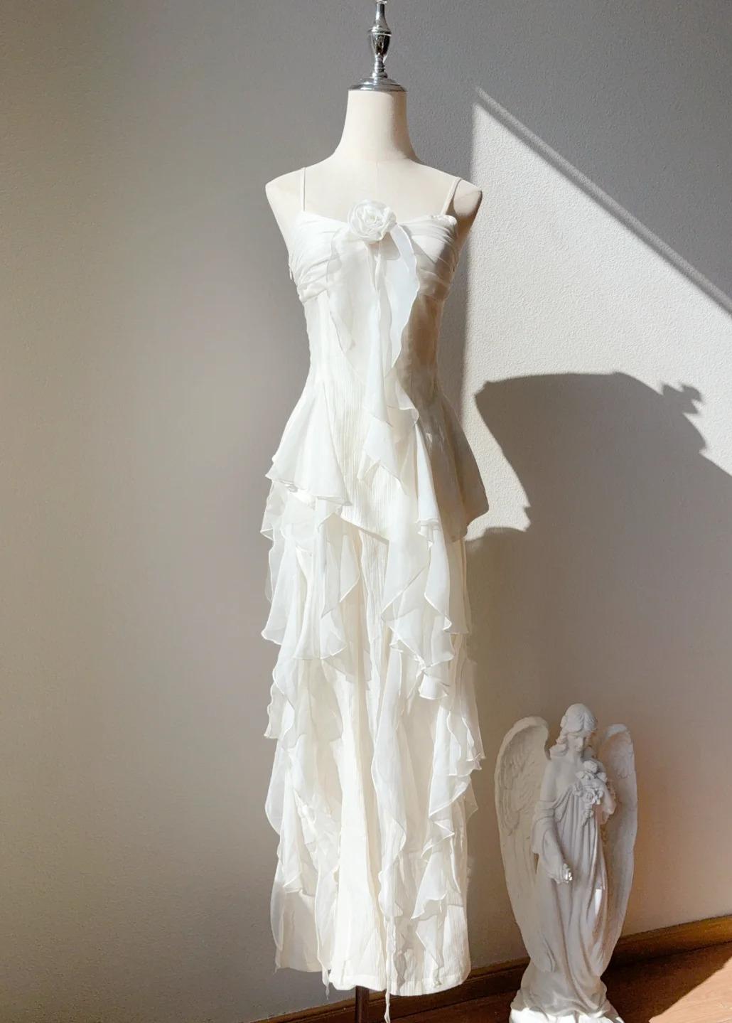 Sweet White Spaghetti Straps Chiffon A-Line Prom Dresses Birthday Evening Gowns ED02545