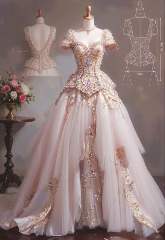 Fairytale Sweetheart Neck Light Champagne A-Line Tulle Long Prom Dresses with Rhinestones ED02546