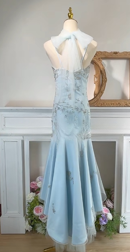 Sweet Blue Spaghetti Straps Tulle Mermaid Satin Sequin Prom Dresses Retro Birthday Evening Gowns ED02547