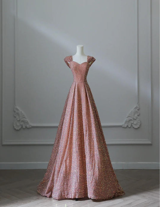 Sweet Pink Sweetheart Neck A-Line Sequin Long Prom Dresses Formal Evening Gowns ED02548