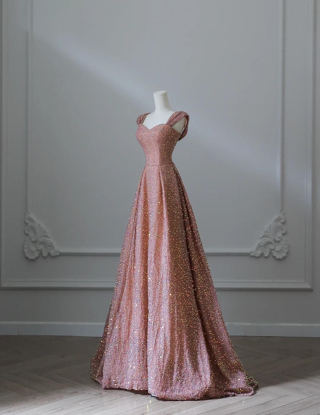 Sweet Pink Sweetheart Neck A-Line Sequin Long Prom Dresses Formal Evening Gowns ED02548