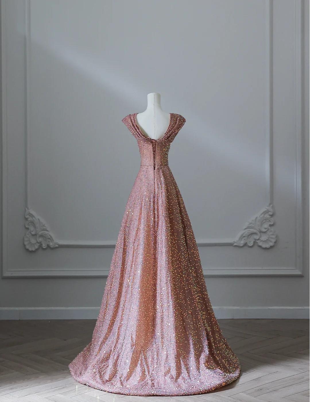 Sweet Pink Sweetheart Neck A-Line Sequin Long Prom Dresses Formal Evening Gowns ED02548