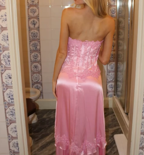 Sweet Pink Strapless Sheath Satin Lace Applique Prom Dresses Fashion Bridesmaid Dresses