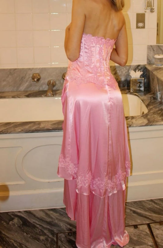 Sweet Pink Strapless Sheath Satin Lace Applique Prom Dresses Fashion Bridesmaid Dresses