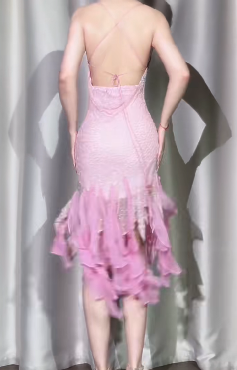 Robe de soirée courte rose à bretelles spaghetti, fourreau en mousseline de soie et perles, style vintage, ED02566