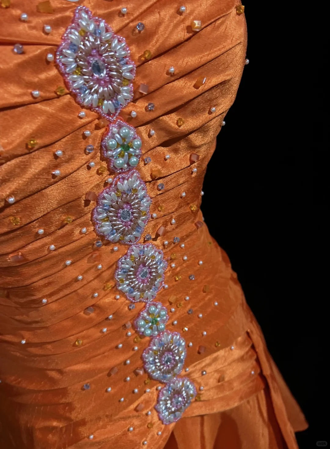 Gorgeous Orange Spaghetti Straps A-Line Satin Long Prom Dresses Formal Evening Gowns with Pleats ED02569