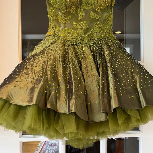 Gorgeous Dark Olive Green Sweetheart Neck A-Line Satin Tulle Short Prom Dresses Homecoming Dresses ED02575