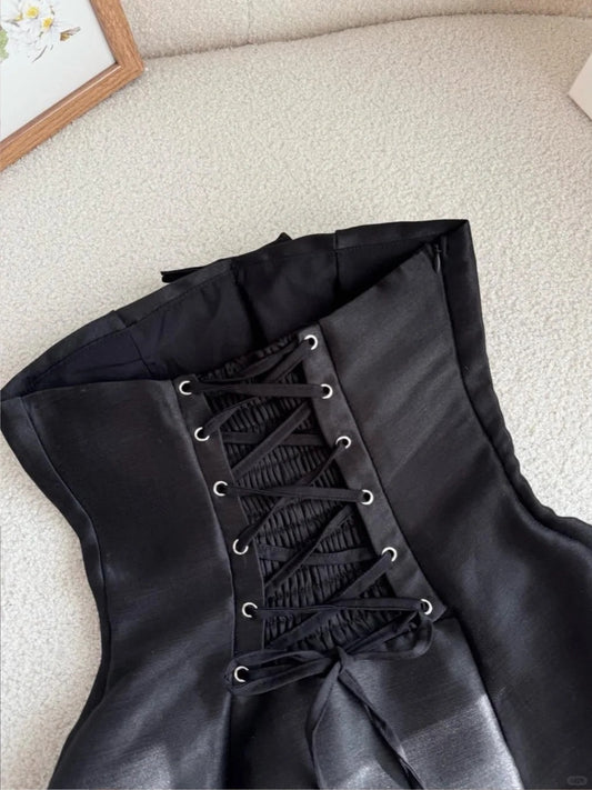 Robe de bal courte en satin noir sans bretelles, coupe trapèze, à la mode, ED02579