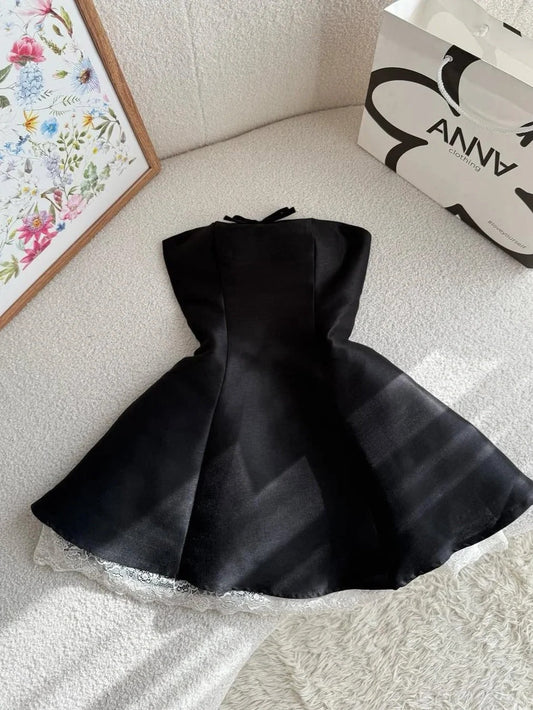 Robe de bal courte en satin noir sans bretelles, coupe trapèze, à la mode, ED02579