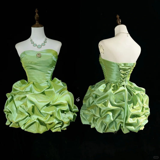 Robe de bal courte en satin vert sans bretelles, coupe trapèze, à la mode, ED02584