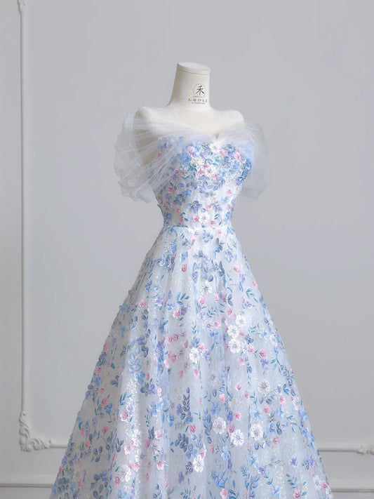 Gorgeous White Off-the-shoulder A-Line Tulle Long Prom Dresses Elegant Wedding Dress with Appliques ED02595