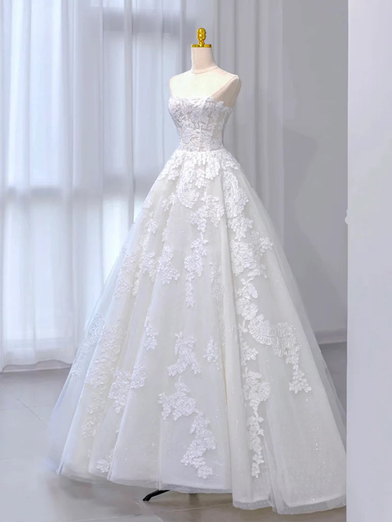 A-Line Tulle Lace Beige Long Prom Dress, Beige Long Formal Dress ED026