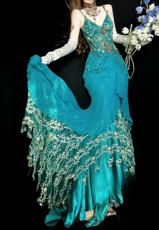 Gorgeous Blue Mermaid Spaghetti Straps Chiffon Appliques Long Prom Dresses Formal Evening Gowns ED02623