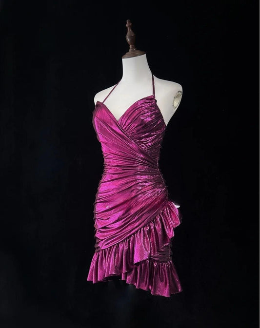 Gorgeous Fuchsia Spaghetti Straps Bodycon Satin Short Prom Dresses Vintage Homecoming Dress ED02627