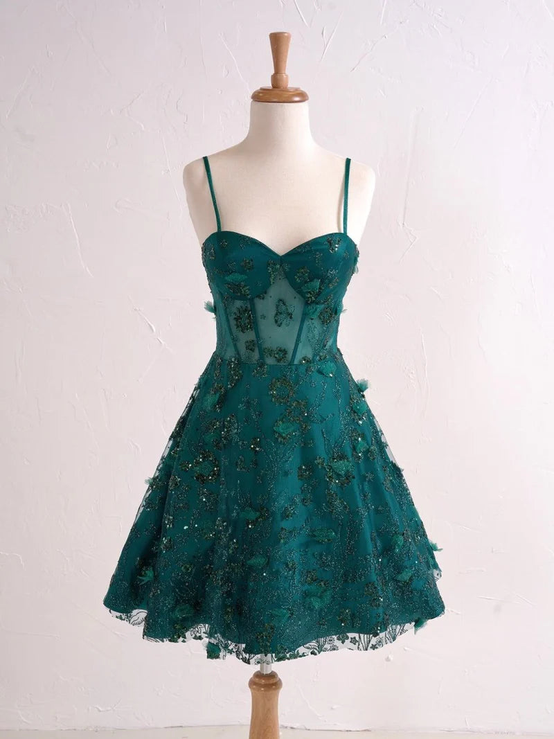 Wunderschönes dunkelolivgrünes herzförmiger Ausschnitt A-Linie Satin Tüll Kurzes Ballkleid Homecoming-Kleid ED02575