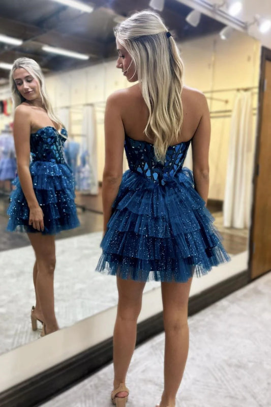 Glitter Blue A-line Sweetheart Tulle Short Prom Dresses Homecoming Dress With Mirror ED02643