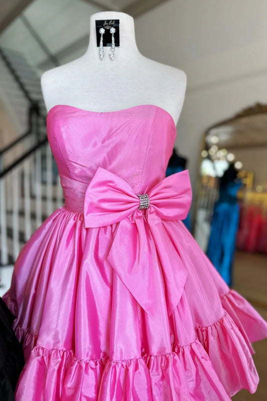 Sweet Pink Strapless A-line Satin Short Prom Dresses Homecoming Dress With Bow ED02644