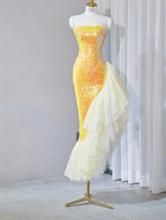 Gorgeous Bright Yellow Strapless Mermaid Sequined Tulle Long Prom Dresses Formal Evening Gowns ED02657