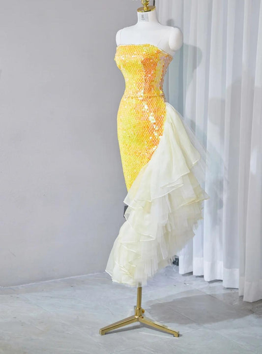 Gorgeous Bright Yellow Strapless Mermaid Sequined Tulle Long Prom Dresses Formal Evening Gowns ED02657