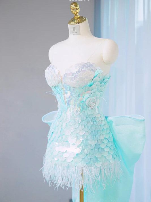 Stunning Ice Blue Strapless Bodycon Sequin Short Prom Dresses Homecoming Dress with Bow ED02658
