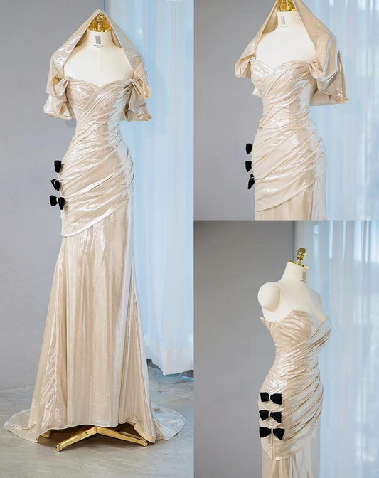 Elegant Champagne V-neck Mermaid Glitter Satin Long Prom Dresses Fashion Formal Evening Gowns ED02666