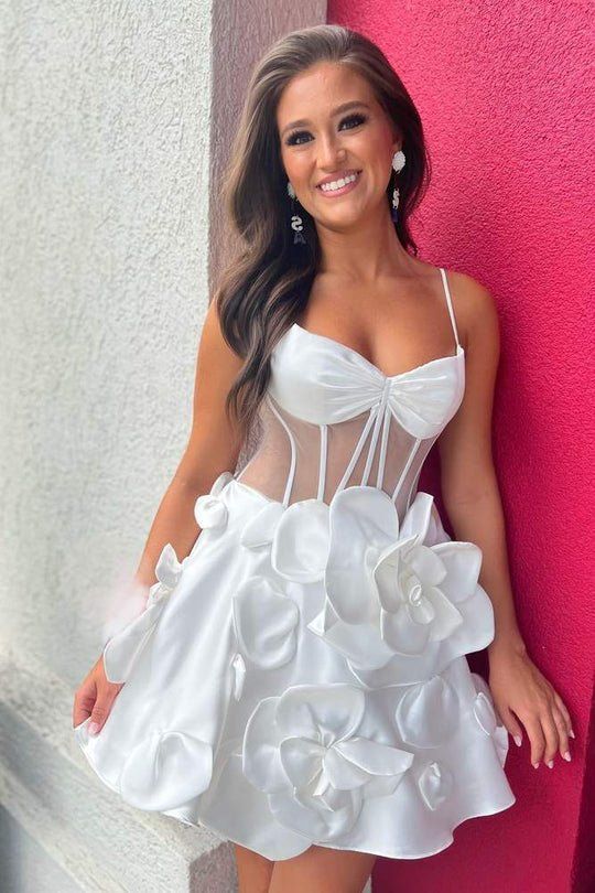 Sweet Yellow Spaghetti Straps A-Line Satin Applique Short Prom Dresses Pretty Homecoming Dress ED02669