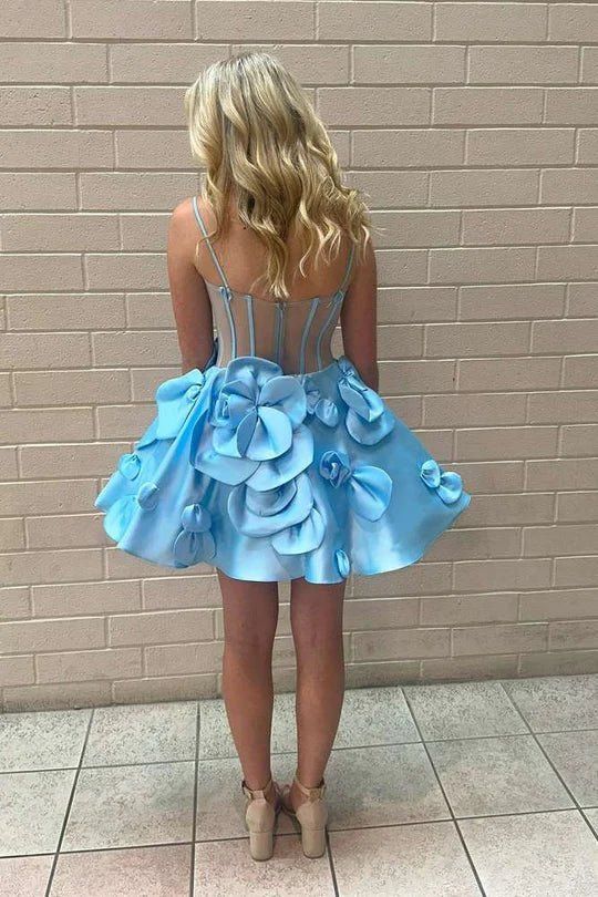 Sweet Yellow Spaghetti Straps A-Line Satin Applique Short Prom Dresses Pretty Homecoming Dress ED02669