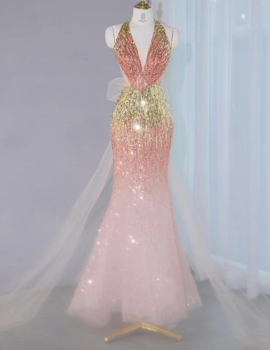 Gorgeous Ombre Peach Tulle V-Neck Mermaid Gold Sequins Long Prom Dresses Glam Formal Evening Dress ED02670