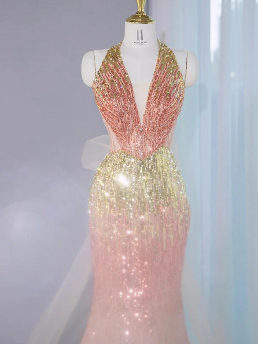 Gorgeous Ombre Peach Tulle V-Neck Mermaid Gold Sequins Long Prom Dresses Glam Formal Evening Dress ED02670