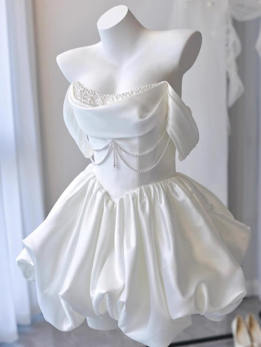 Simple White Off-the-shoulder A-Line Satin Short Prom Dresses Homecoming Dress with Pearls ED02671
