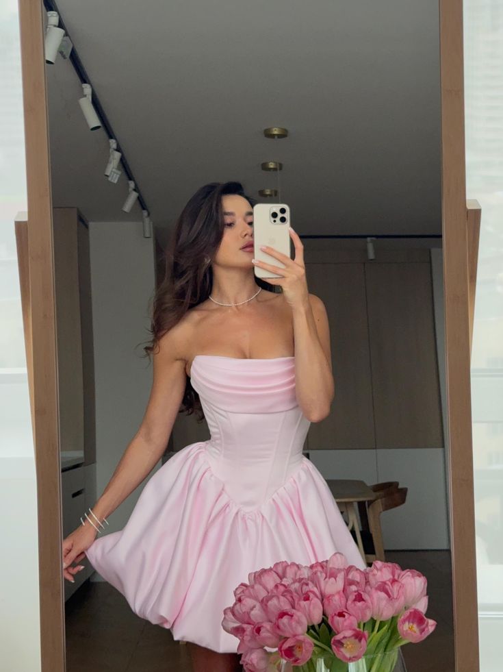 Sweet Pink Strapless A-Line Satin Short Prom Dresses Elegant Homecoming Dress ED02672