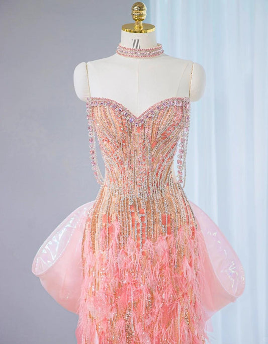 Sweet Pink Sweetheart Mermaid Beaded Tulle Long Prom Dresses Formal Evening Gowns ED02676