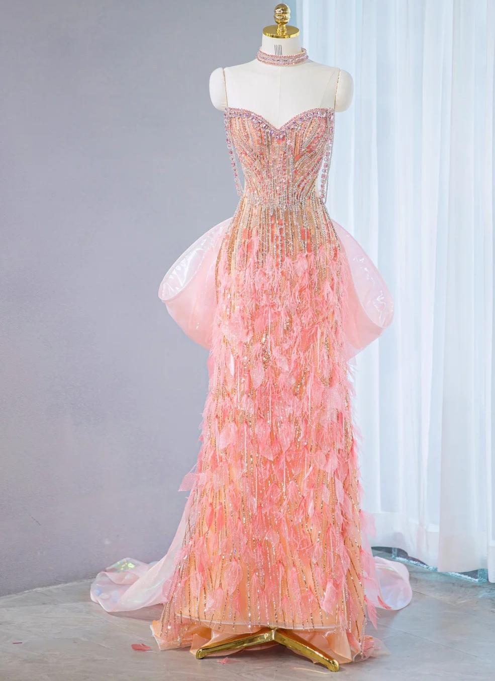 Superbe robe de soirée longue en satin fuchsia, style sirène, sans bretelles, ED02613